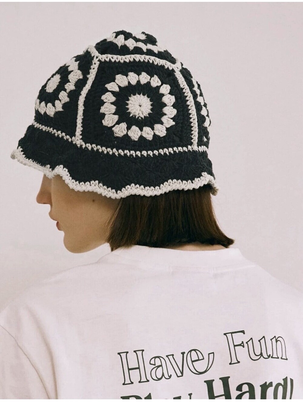 Crochet Woman Hat White And Black Festival Milk made Breathable Music